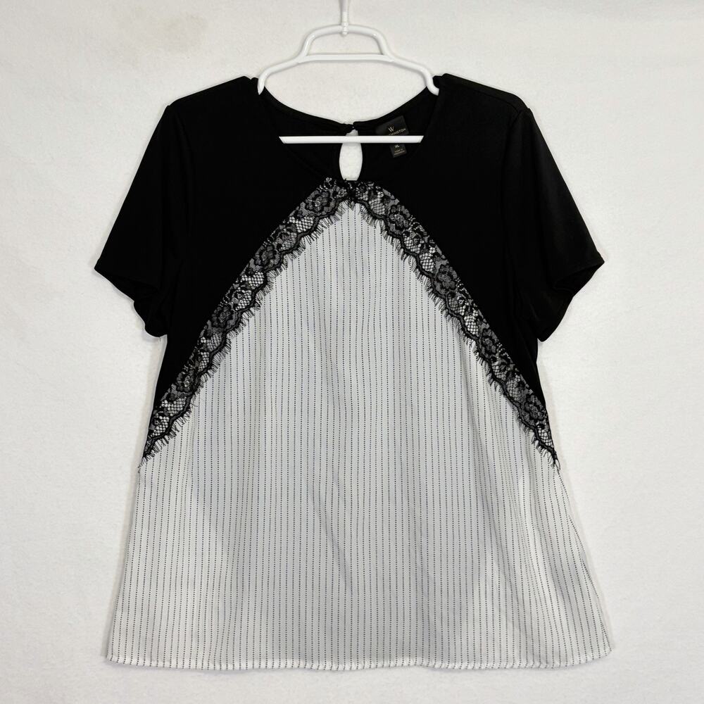Worthington Blouse Womens Size XL Pinstriped Black White Lace Business Casual - Picture 2 of 10